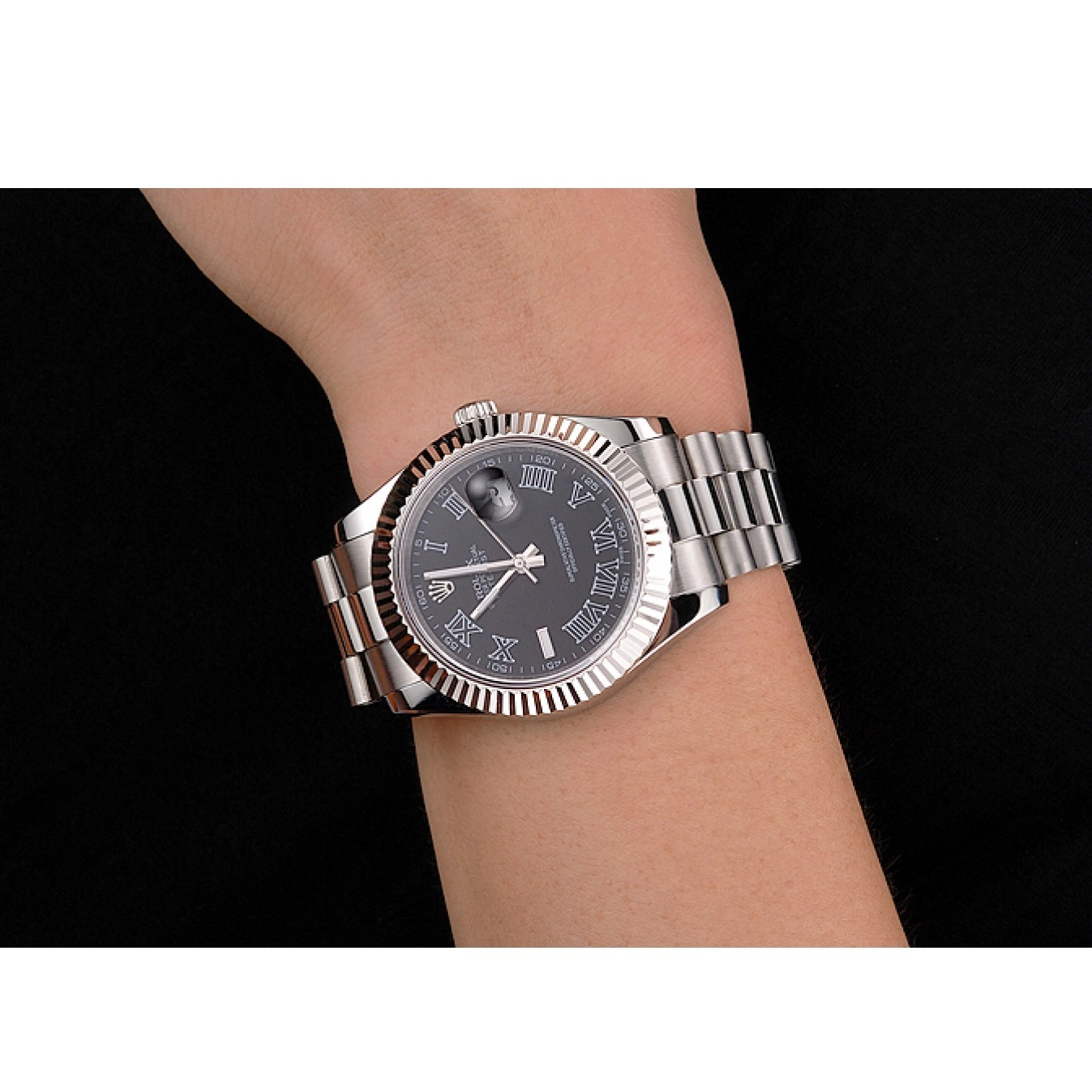AAA Replica Watches Roman And Datejust Black Swiss Numerals Dial Rolex Case Stainless Steel Bracelet 0806